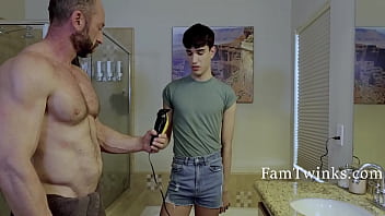 Stepson assists dad in grooming his pubes in a bashful manner