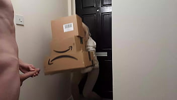 A guy tugging encounters an Amazon delivery girl who chooses to assist him in orgasm