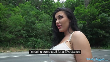Public agent with enormous bra-stuffers picks up hitchhiker for outdoor hook-up